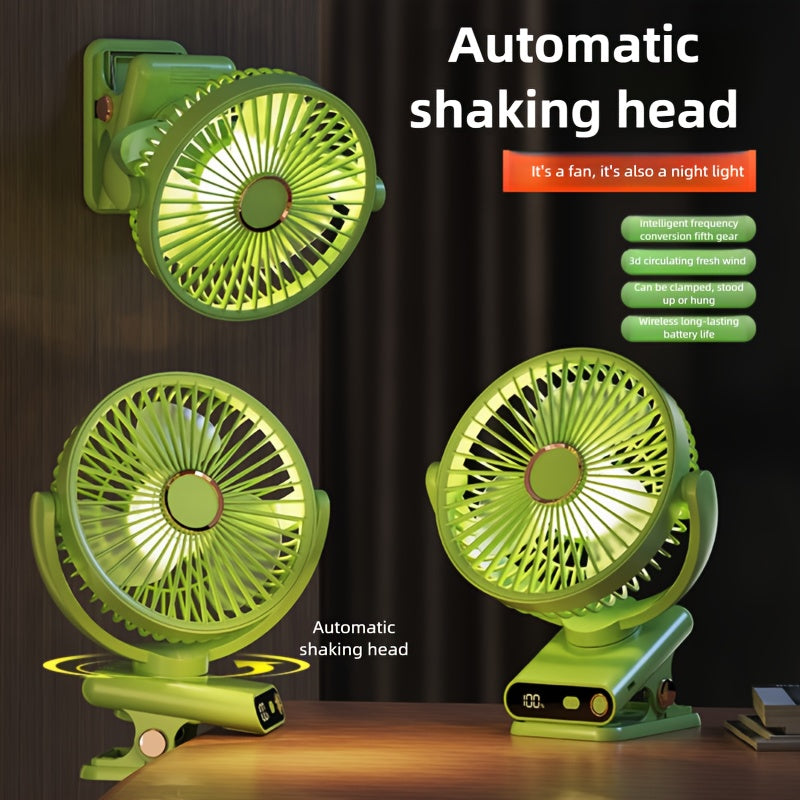 Green LED Desk Fan with Automatic Shaking Head - USB Rechargeable, Adjustable Wind Speed