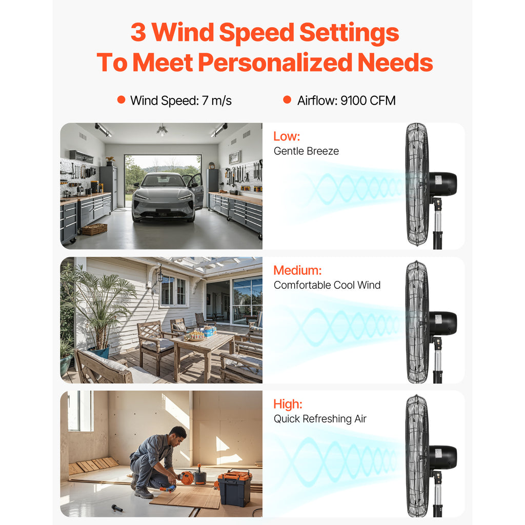 VEVOR 18\u002F20\u002F24\u002F30 inch Industrial Pedestal Fan 3-Speed Oscillating Fan Height Adjustable