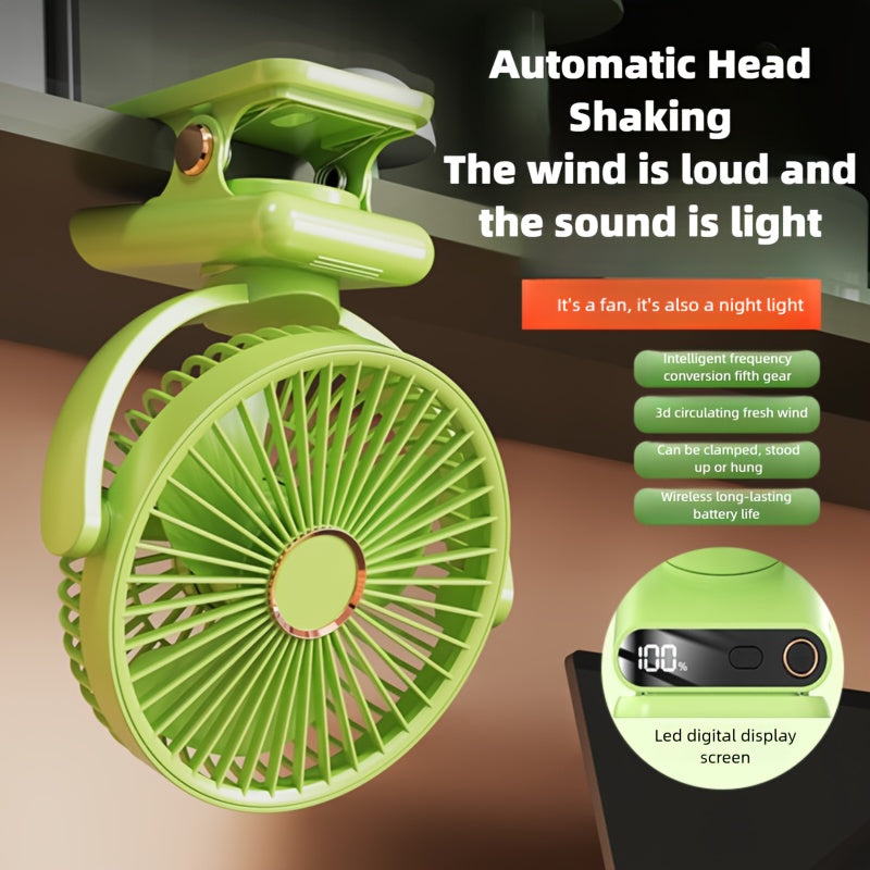 Green LED Desk Fan with Automatic Shaking Head - USB Rechargeable, Adjustable Wind Speed