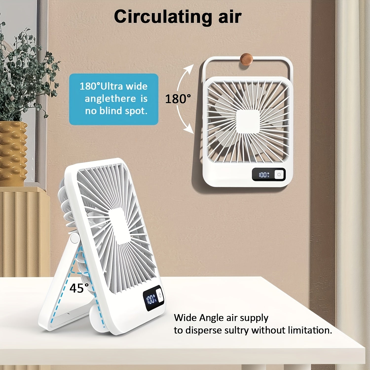 MESIONDY Rechargeable Portable Fan with Power Display, 2000mAh 180° Foldable