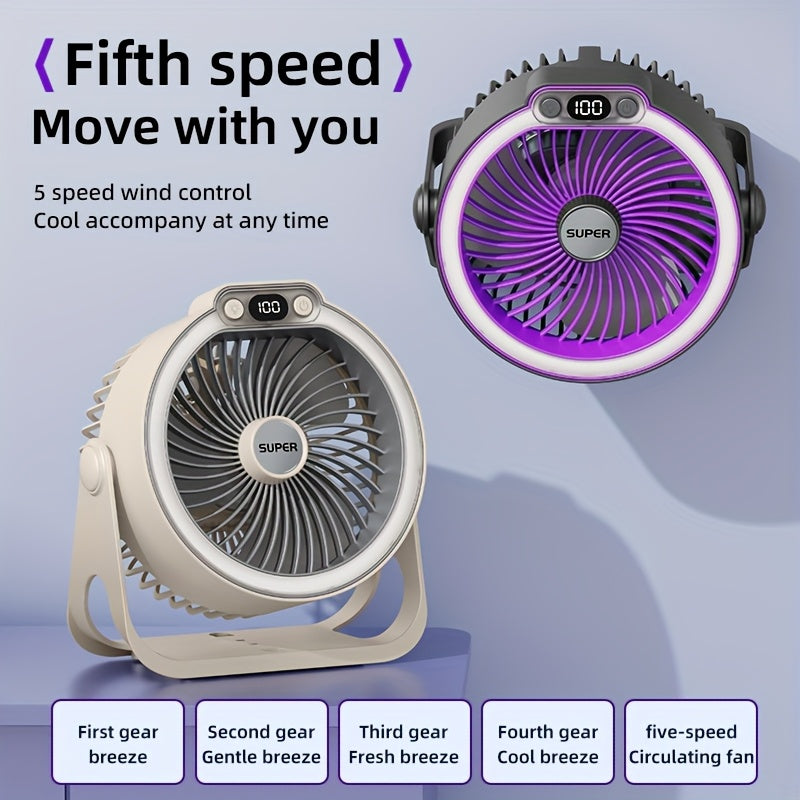 Portable high-style USB desk fan with colorful lighting, five light modes, super powerful airflow