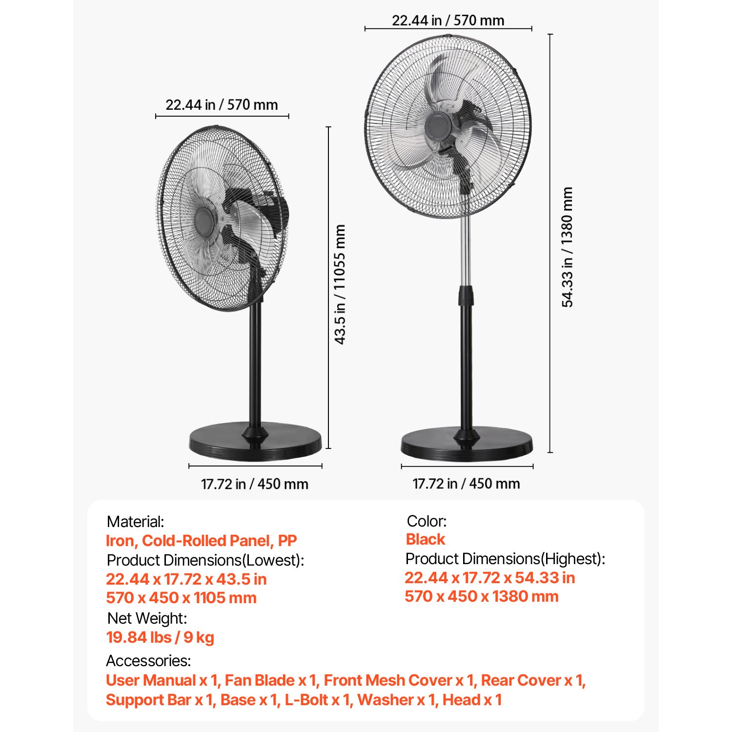 VEVOR 18\u002F20\u002F24\u002F30 inch Industrial Pedestal Fan 3-Speed Oscillating Fan Height Adjustable