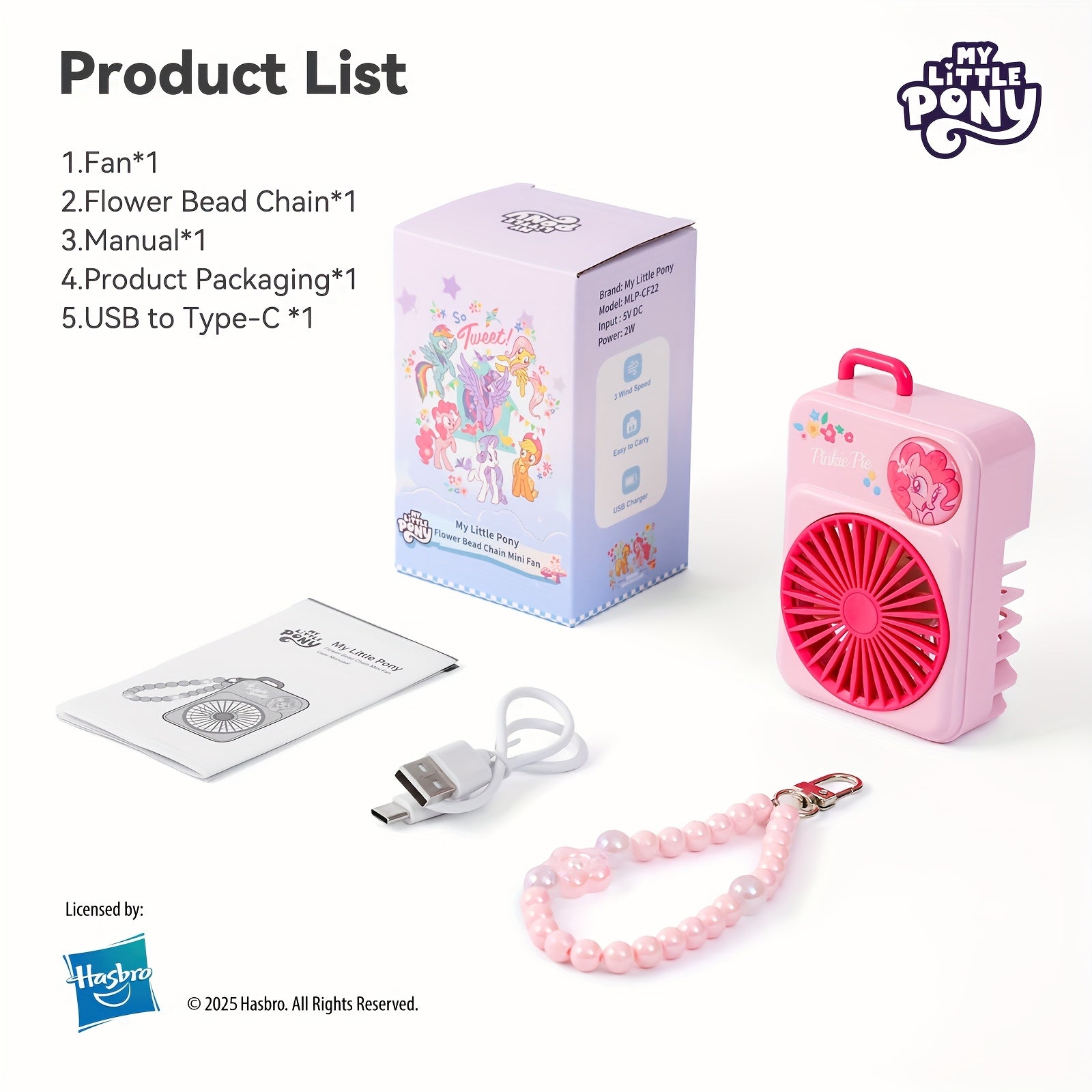 My Little Pony Portable Mini Fan with USB, 3-speed Adjustable Wind Modes, Lightweight Design