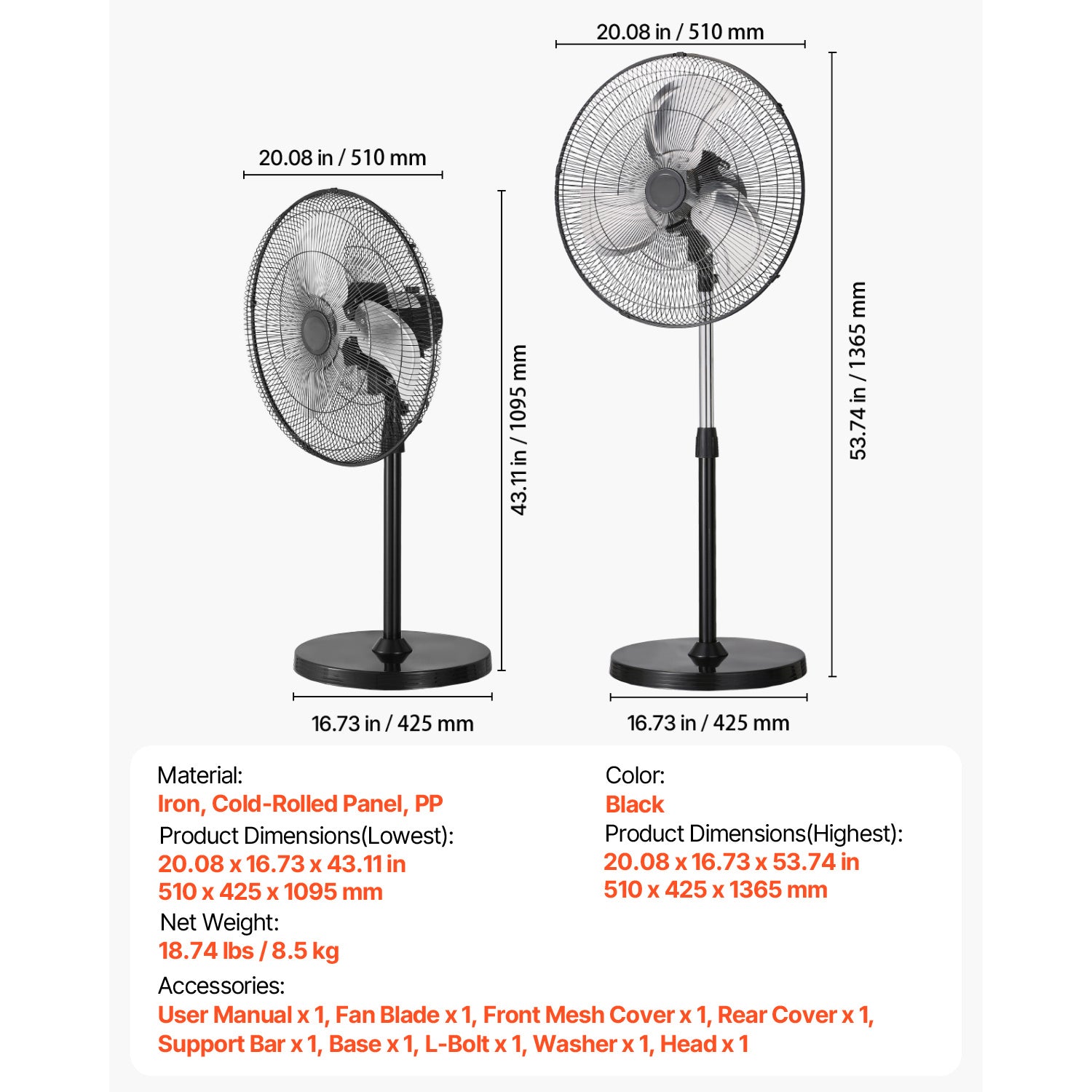 VEVOR 18\u002F20\u002F24\u002F30 inch Industrial Pedestal Fan 3-Speed Oscillating Fan Height Adjustable
