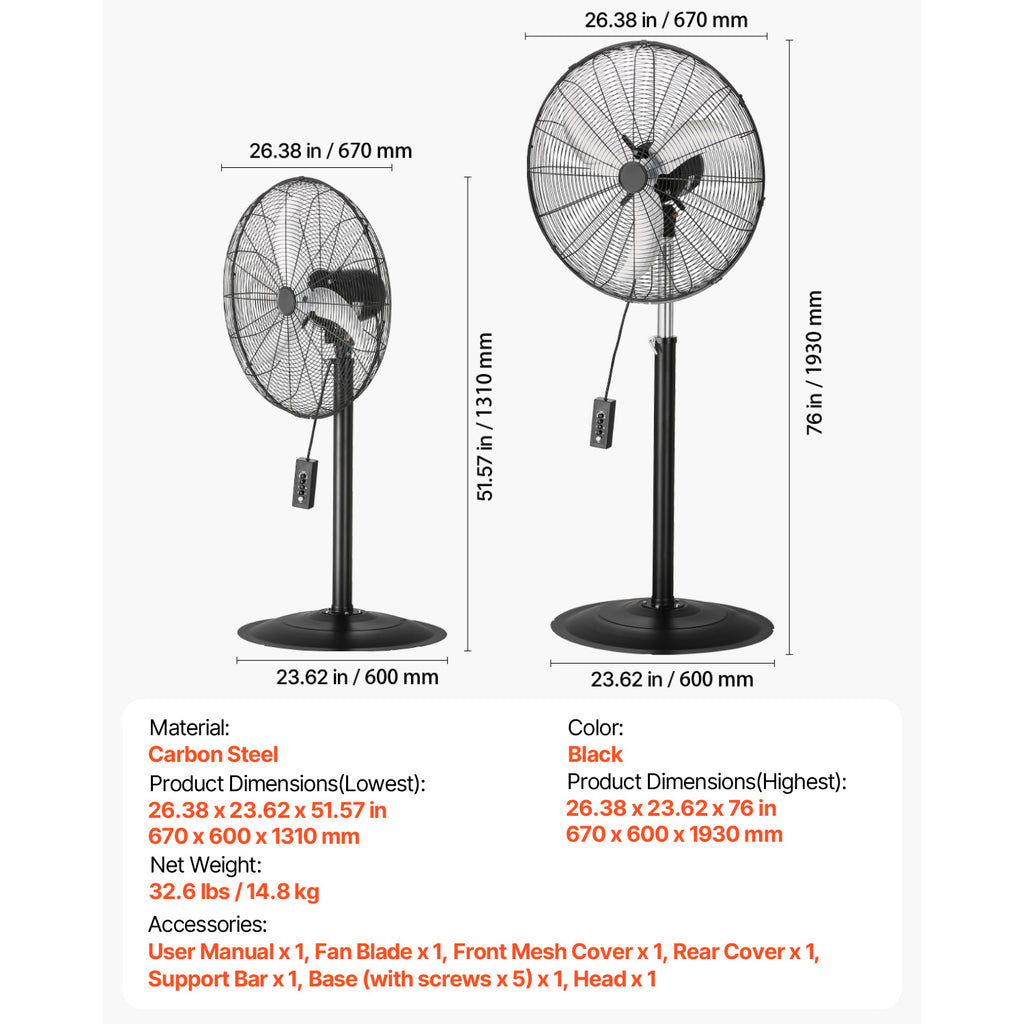 VEVOR 18\u002F20\u002F24\u002F30 inch Industrial Pedestal Fan 3-Speed Oscillating Fan Height Adjustable