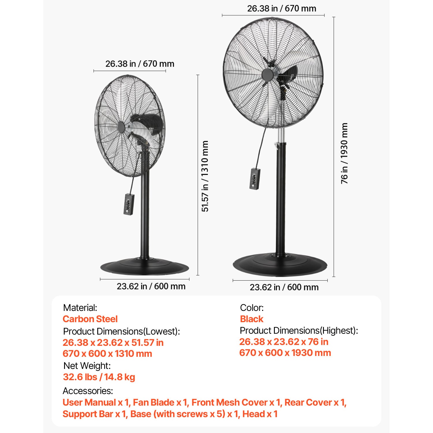 VEVOR 18\u002F20\u002F24\u002F30 inch Industrial Pedestal Fan 3-Speed Oscillating Fan Height Adjustable