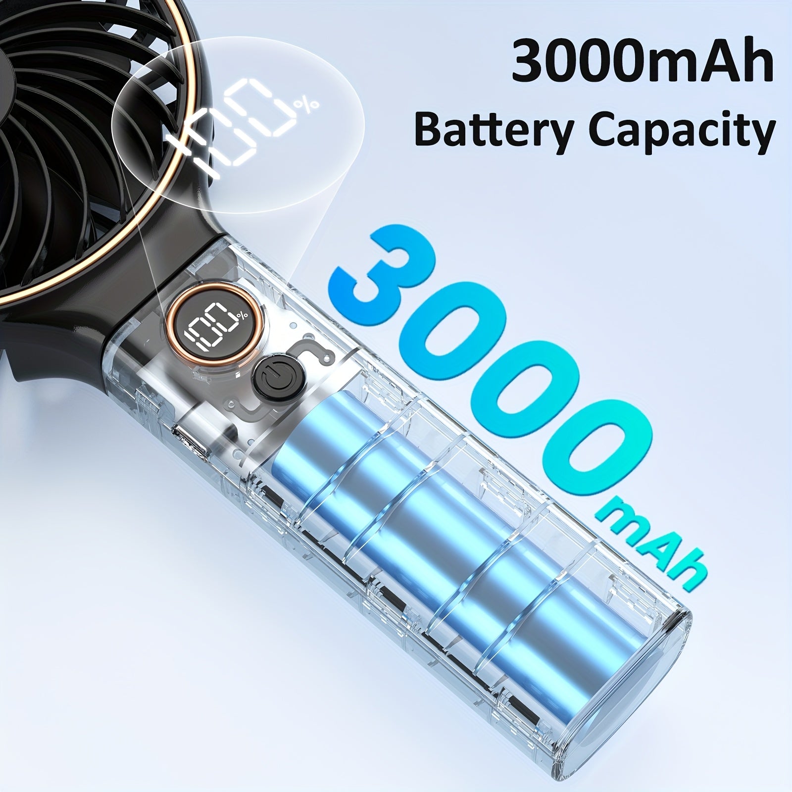 USB Handheld Fan - 6 Speeds Adjustable, 3000mAh Battery, Power Digital Display