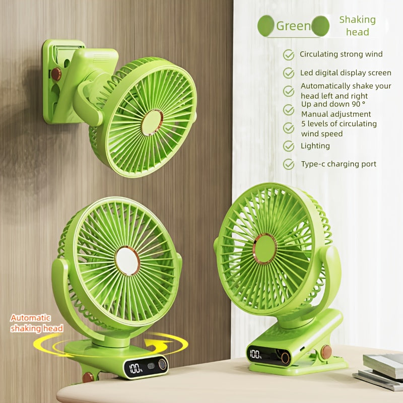Green LED Desk Fan with Automatic Shaking Head - USB Rechargeable, Adjustable Wind Speed