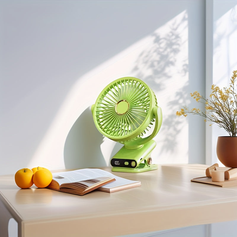 Green LED Desk Fan with Automatic Shaking Head - USB Rechargeable, Adjustable Wind Speed