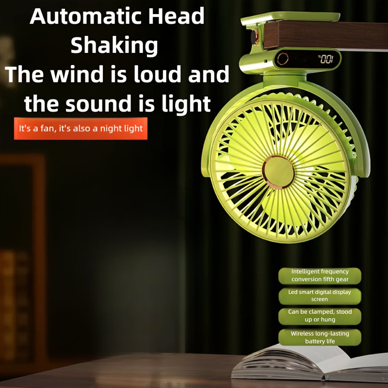 Green LED Desk Fan with Automatic Shaking Head - USB Rechargeable, Adjustable Wind Speed