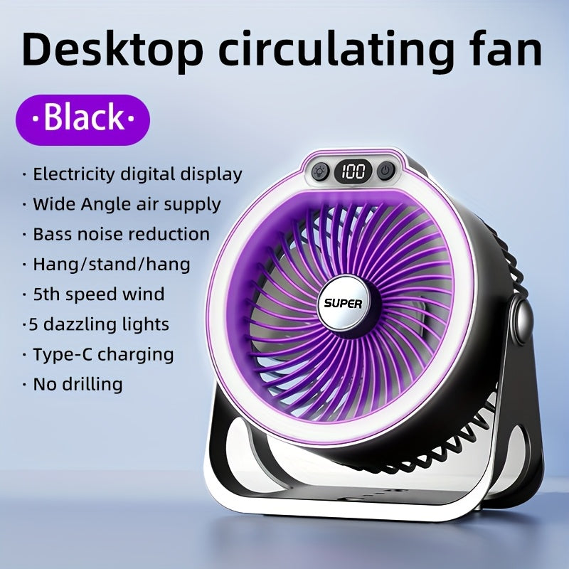 Portable high-style USB desk fan with colorful lighting, five light modes, super powerful airflow
