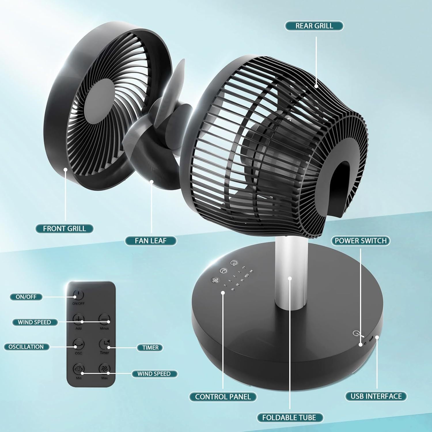 Oscillating Fan Portable Foldable Pedestal Fan - Rechargeable Battery Standing Table Fan with