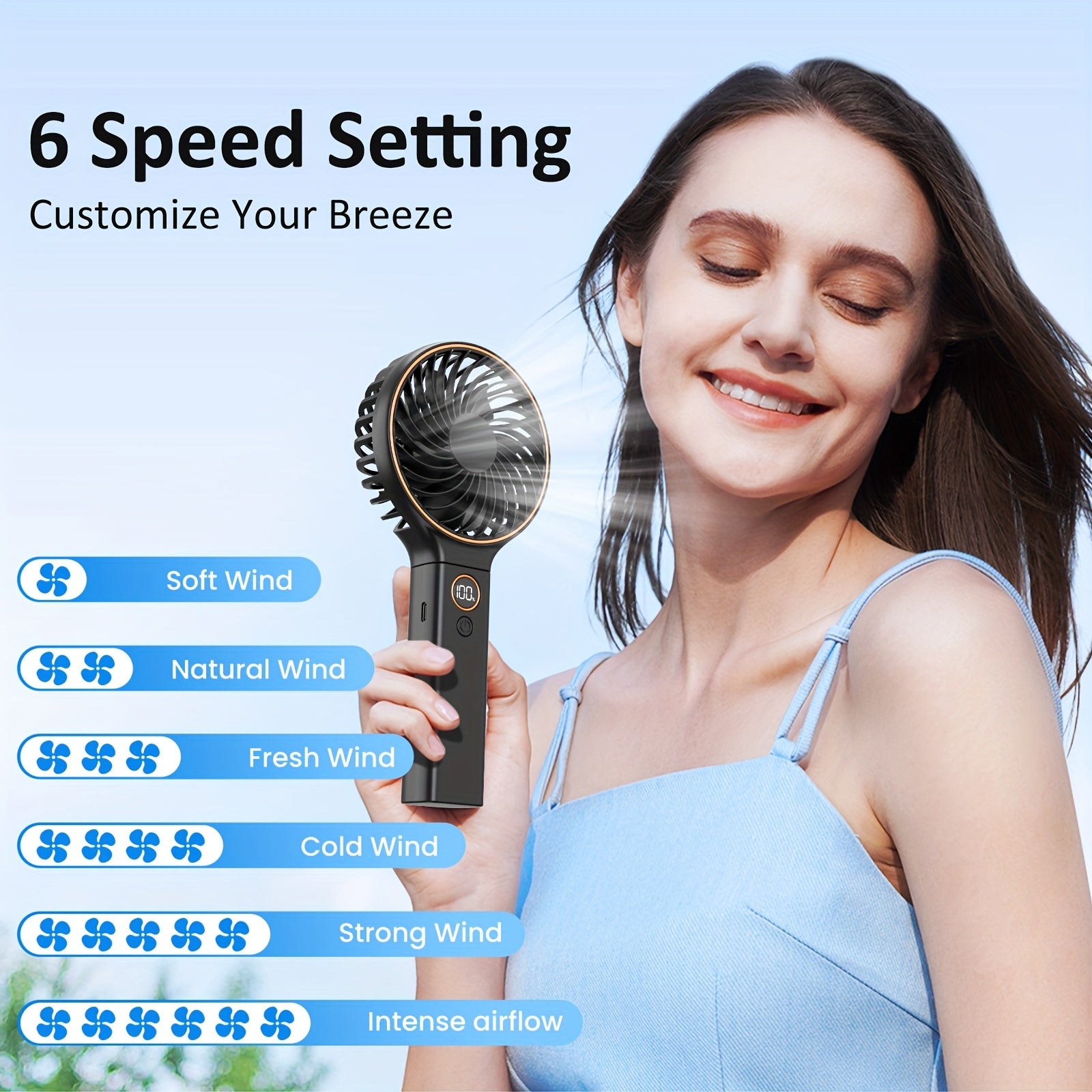 USB Handheld Fan - 6 Speeds Adjustable, 3000mAh Battery, Power Digital Display