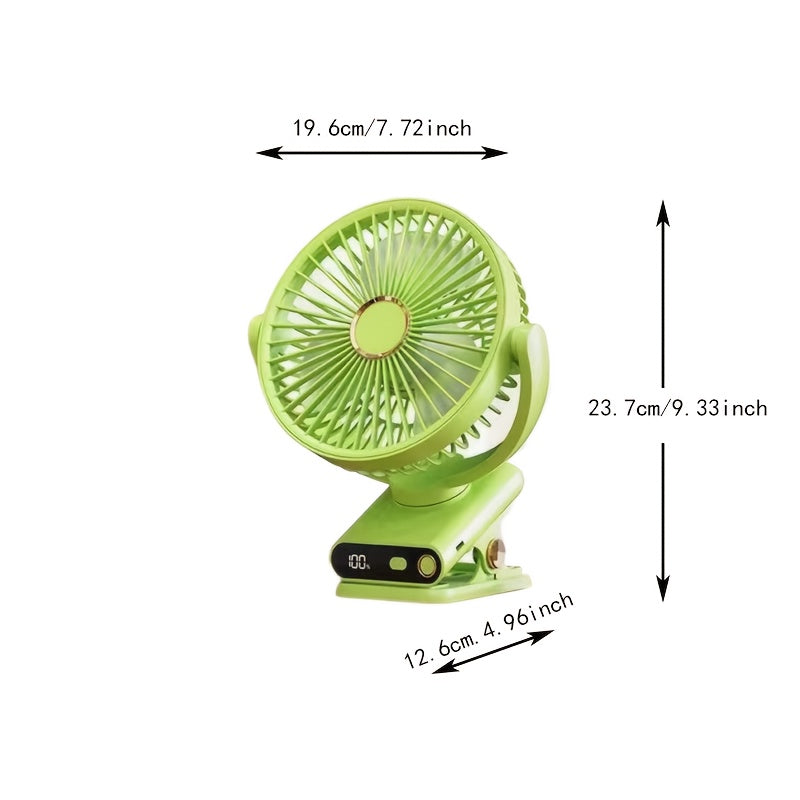 Green LED Desk Fan with Automatic Shaking Head - USB Rechargeable, Adjustable Wind Speed