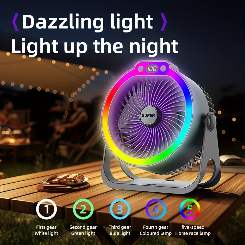Portable high-style USB desk fan with colorful lighting, five light modes, super powerful airflow