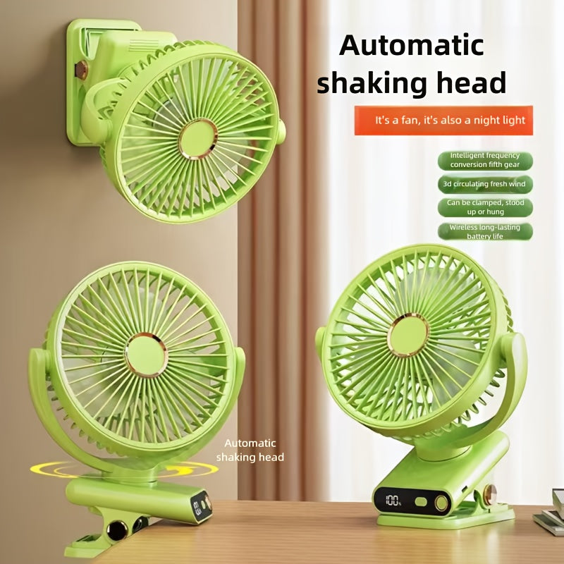 Green LED Desk Fan with Automatic Shaking Head - USB Rechargeable, Adjustable Wind Speed