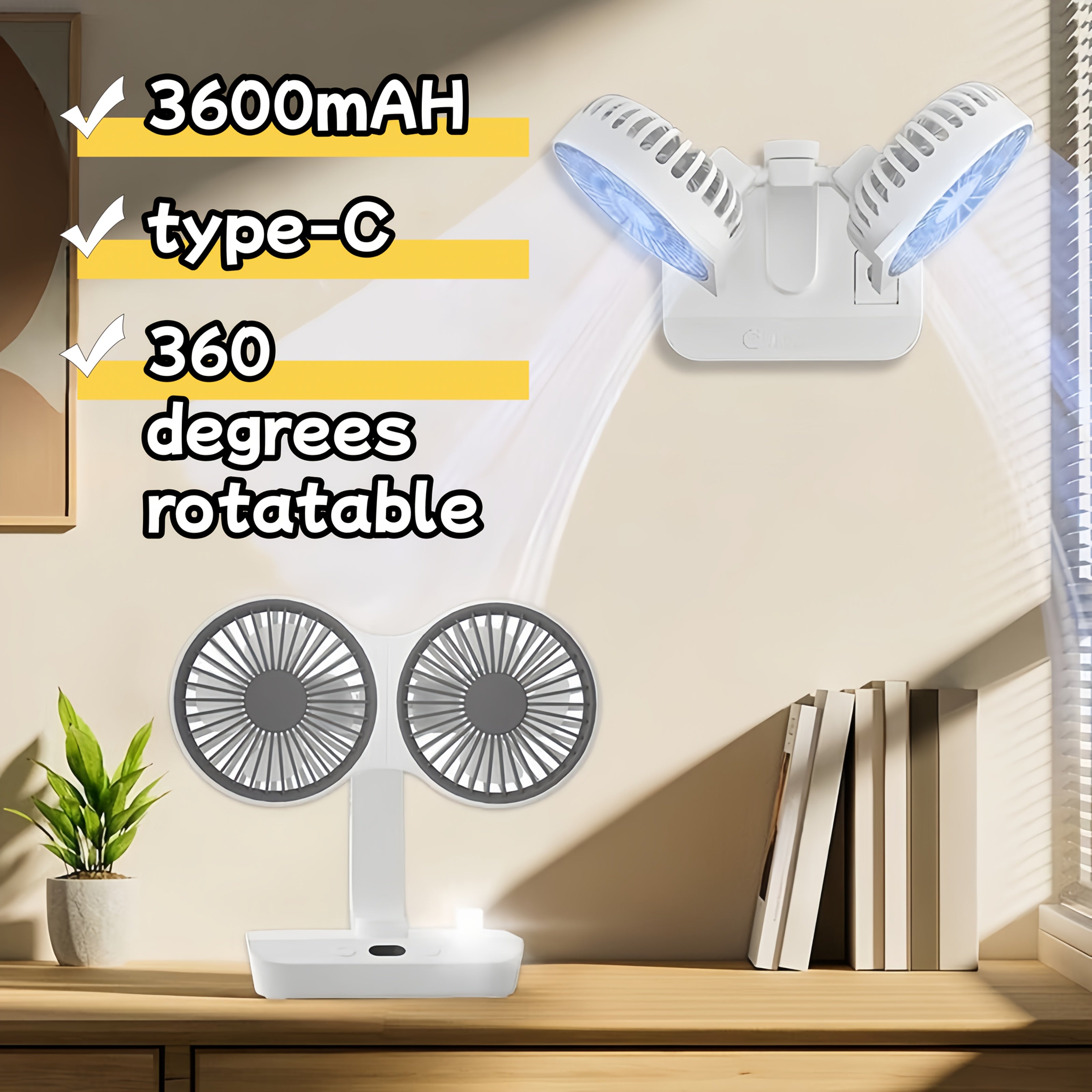 360° Rotatable USB Rechargeable Portable Automatic Rotation Desk Fan with Dual Blades