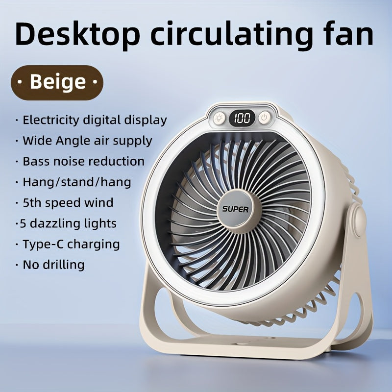 Portable high-style USB desk fan with colorful lighting, five light modes, super powerful airflow