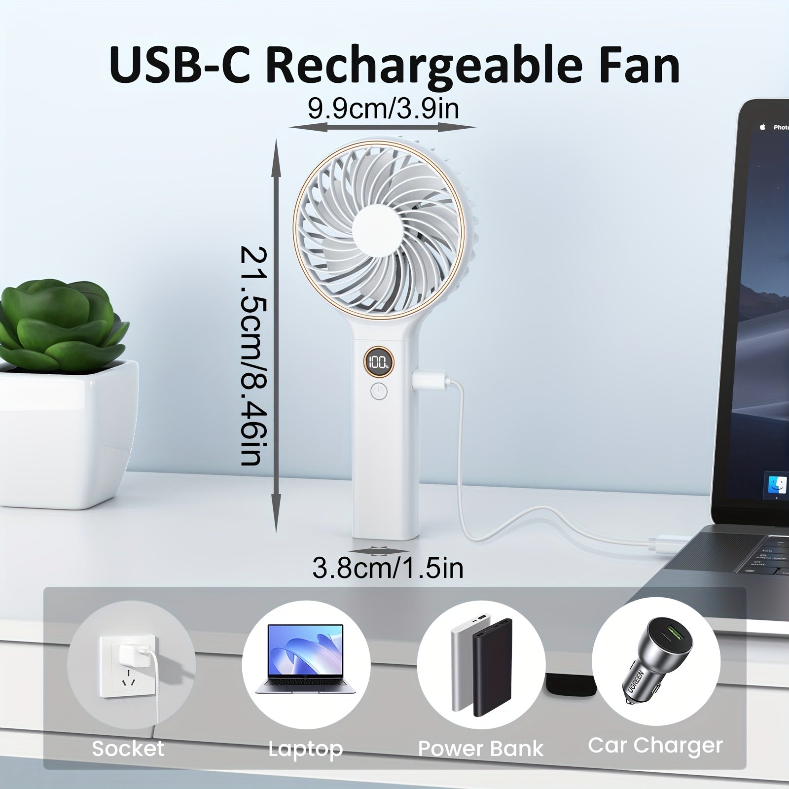 USB Handheld Fan - 6 Speeds Adjustable, 3000mAh Battery, Power Digital Display