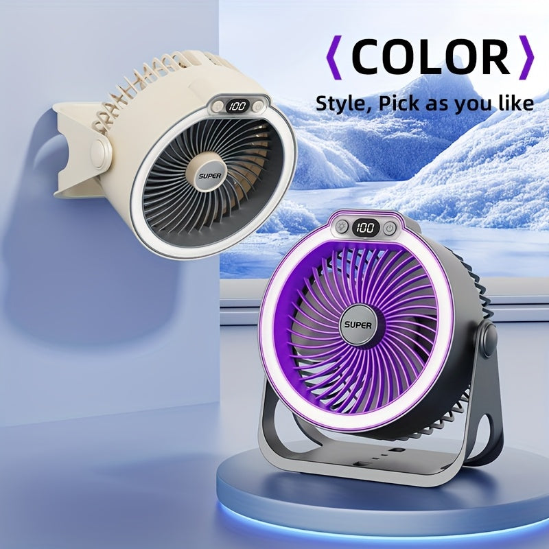 Portable high-style USB desk fan with colorful lighting, five light modes, super powerful airflow