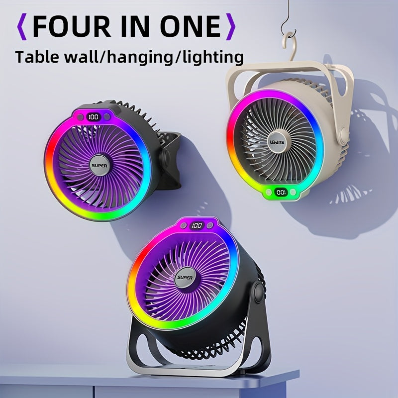 Portable high-style USB desk fan with colorful lighting, five light modes, super powerful airflow
