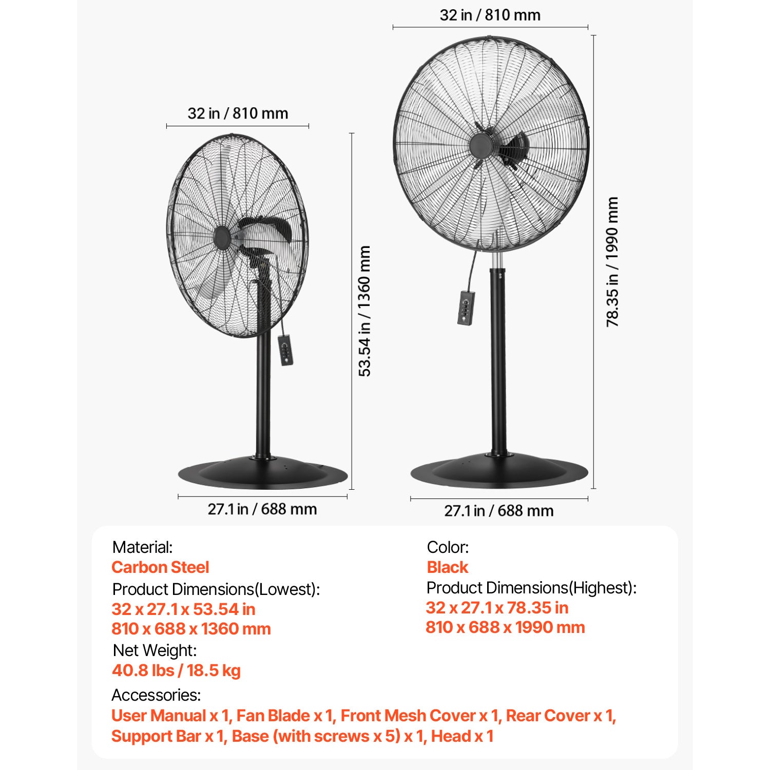 VEVOR 18\u002F20\u002F24\u002F30 inch Industrial Pedestal Fan 3-Speed Oscillating Fan Height Adjustable